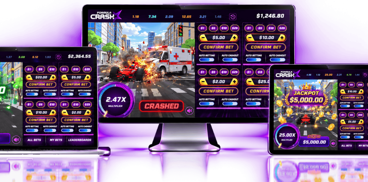 Formula Crash crash game shown on laptop, desktop, tablet and mobile