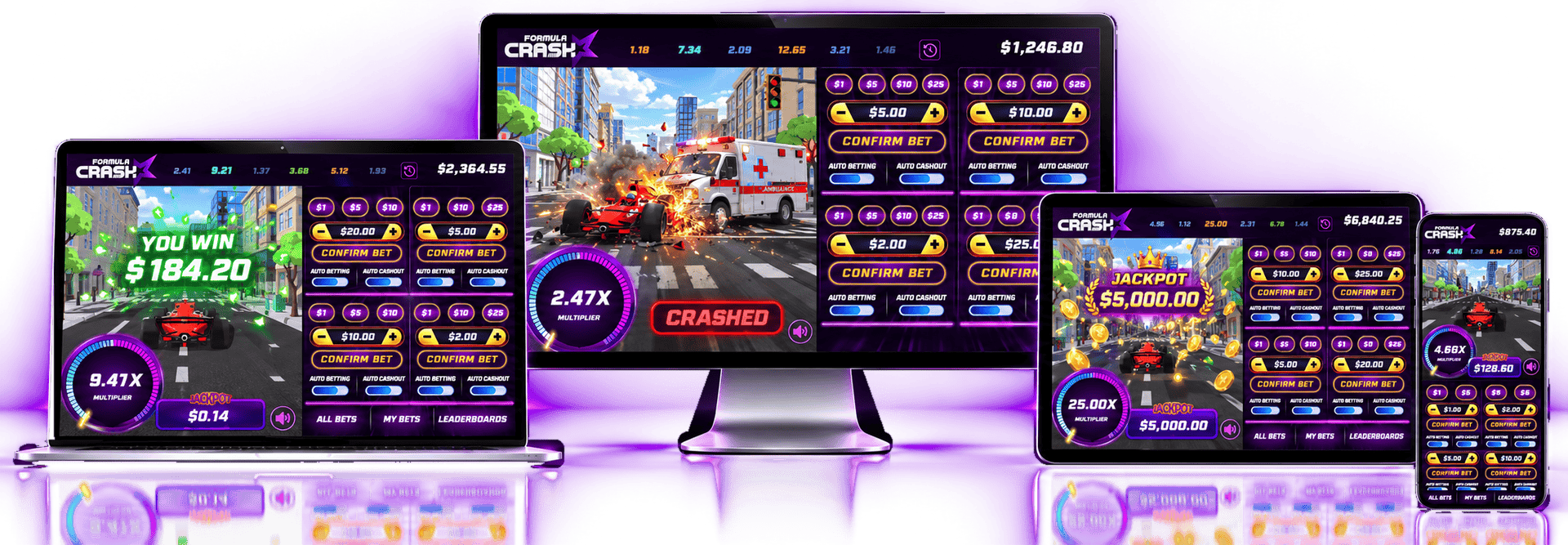 Formula Crash crash game shown on laptop, desktop, tablet and mobile
